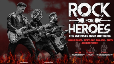 A black and white image of band members performingon stage with white text reading 'Rock for Heroes'
