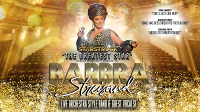 A sparkly gold background with Barbra Streisand - The Greatest Star